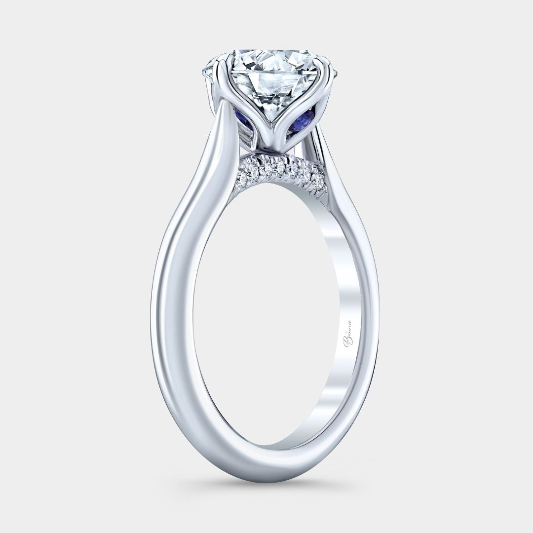 Round Diamond Tulip North South Prong Cathedral Solitaire With Diamond Bridge Platinum Engagement Ring