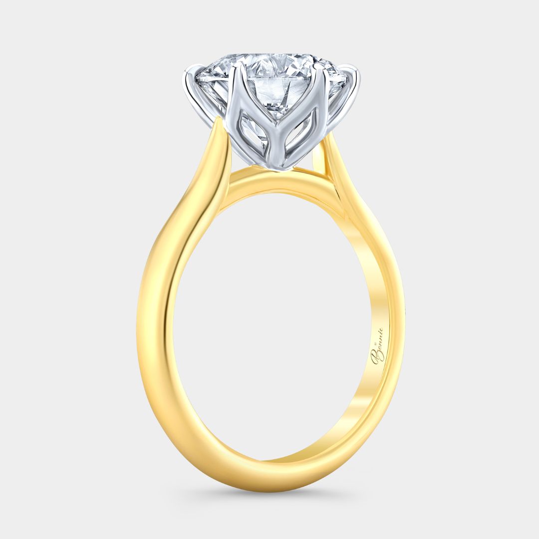 Round Diamond 6 Prong Tulip Knife Edge Tapered Cathedral Yellow Gold And Platinum Engagement Ring