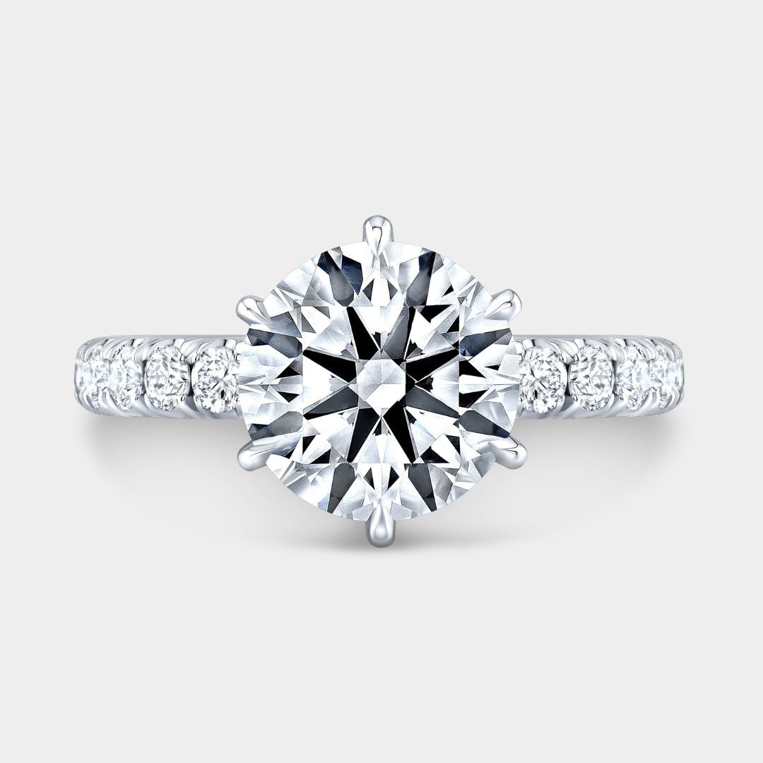 Round Diamond 6 Prong U Pave White Gold Engagement Ring
