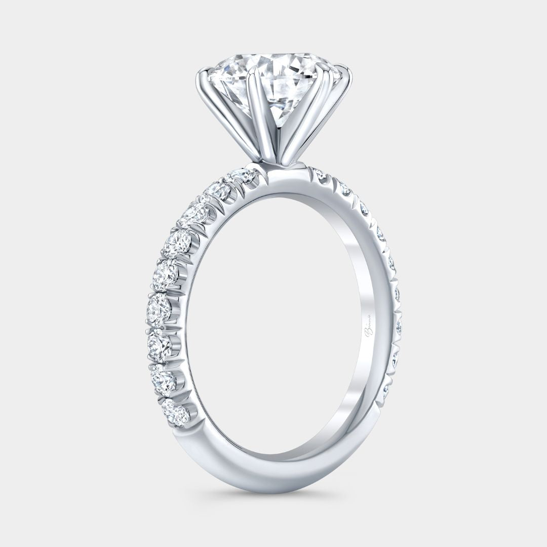 Round Diamond 6 Prong U Pave White Gold Engagement Ring