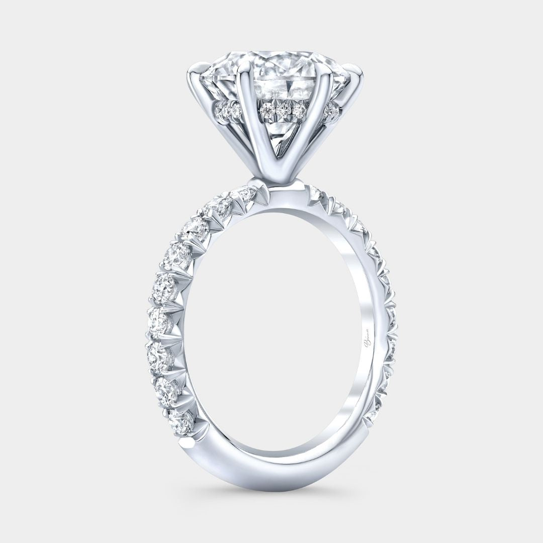 Round Diamond High Set Hidden Halo French Pave Platinum Engagement Ring