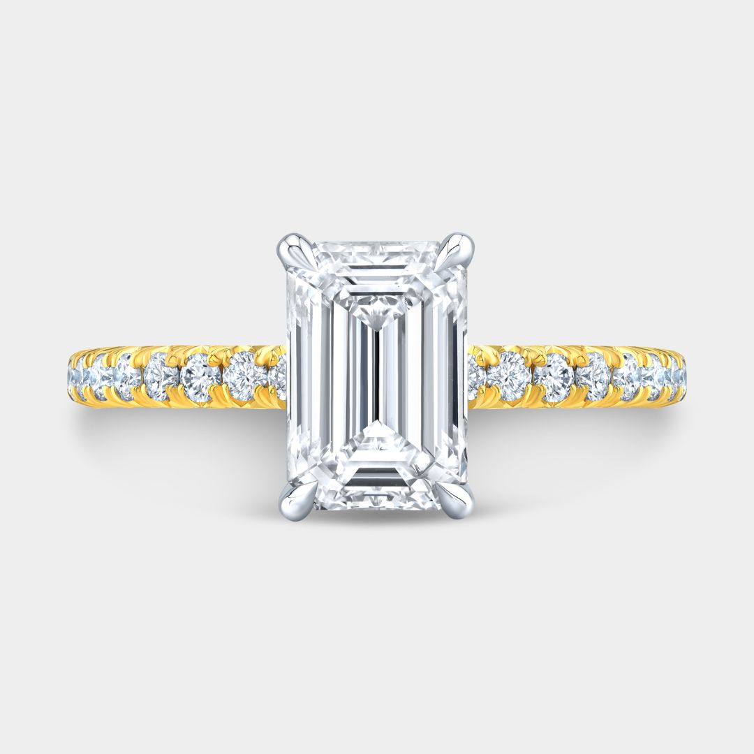 Emerald Diamond Hidden Halo French Pave Yellow Gold And Platinum Engagement Ring