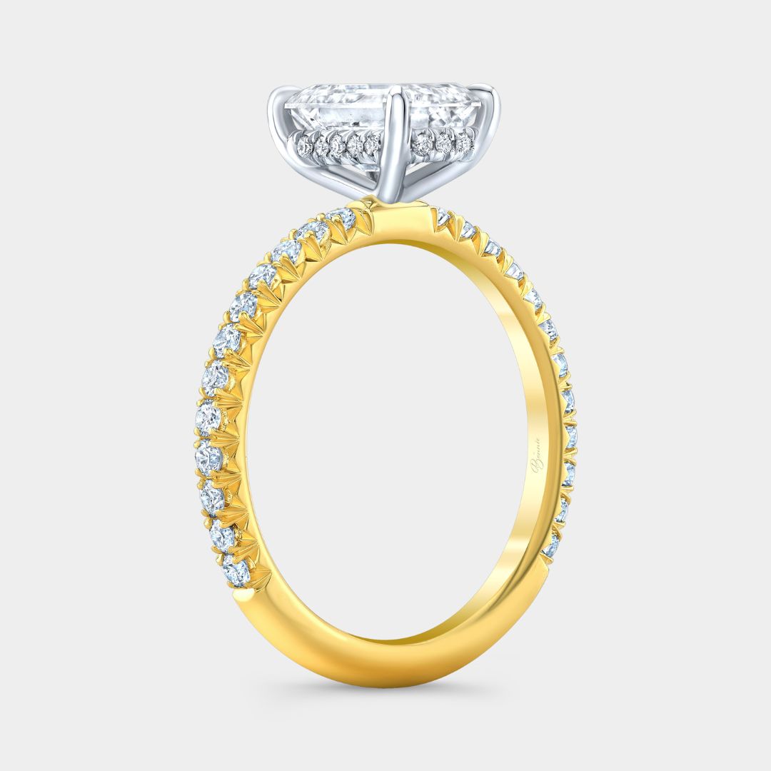 Emerald Diamond Hidden Halo French Pave Yellow Gold And Platinum Engagement Ring