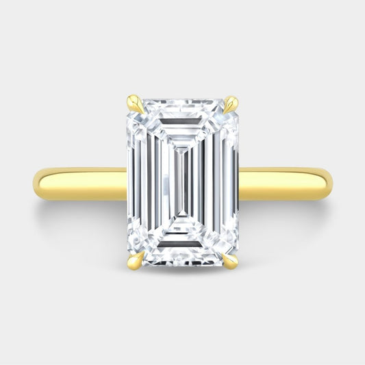 Emerald Diamond Tapered Cathedral Solitaire Yellow Gold Engagement Ring