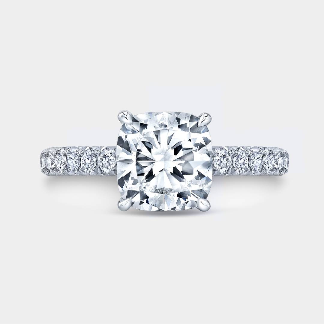 Cushion Diamond with Full Diamond Basket French Pave Platinum Engagement Ring