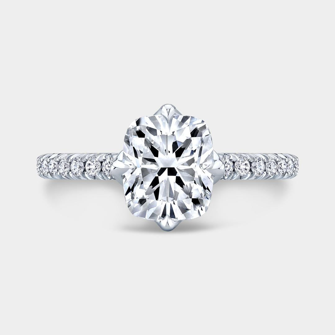 Cushion Diamond North South Tulip French Pave Platinum Engagement Ring
