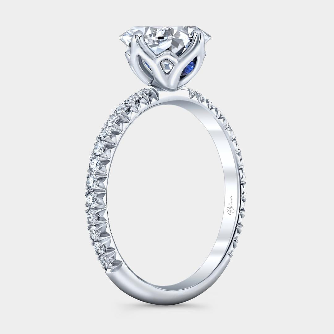 Cushion Diamond North South Tulip French Pave Platinum Engagement Ring