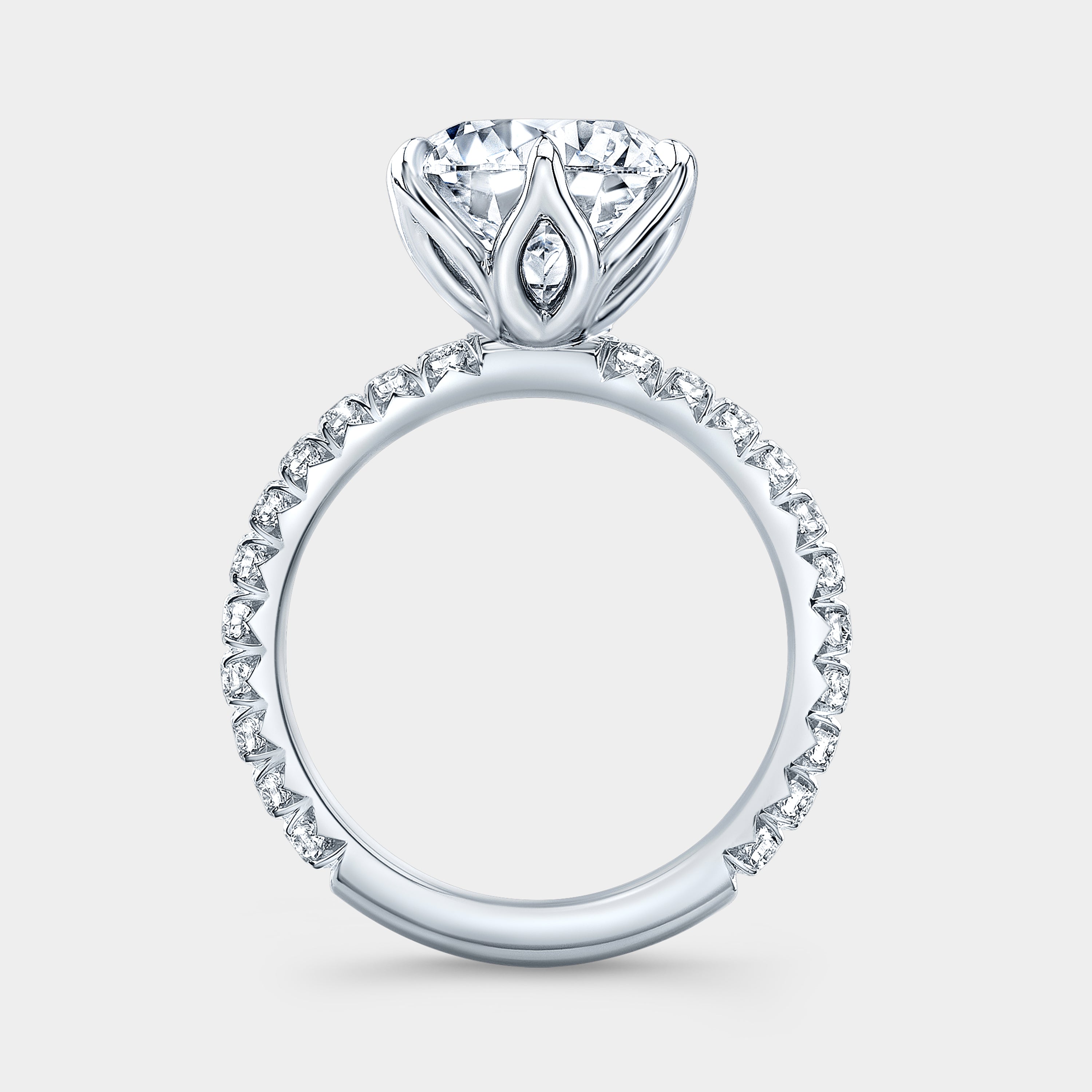 Round Diamond Tulip with French Pave White Gold Engagement Ring