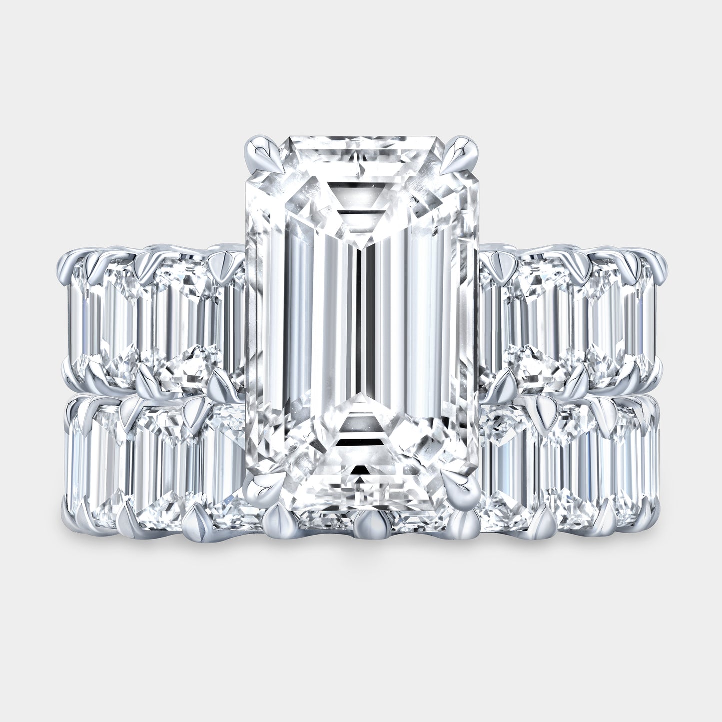 Emerald Diamond Platinum Engagement Ring with Emerald Cut Side Diamonds Eternity Wedding Set
