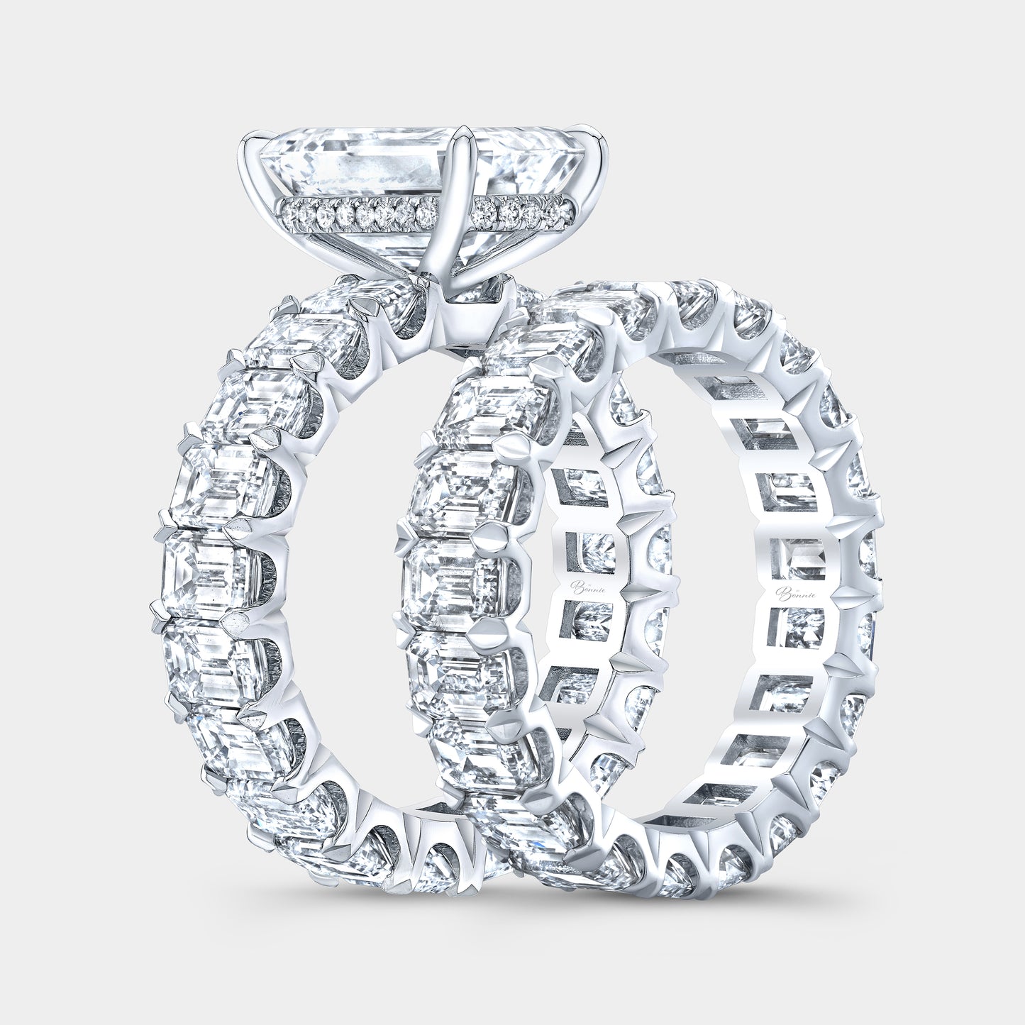 Emerald Diamond Platinum Engagement Ring with Emerald Cut Side Diamonds Eternity Wedding Set