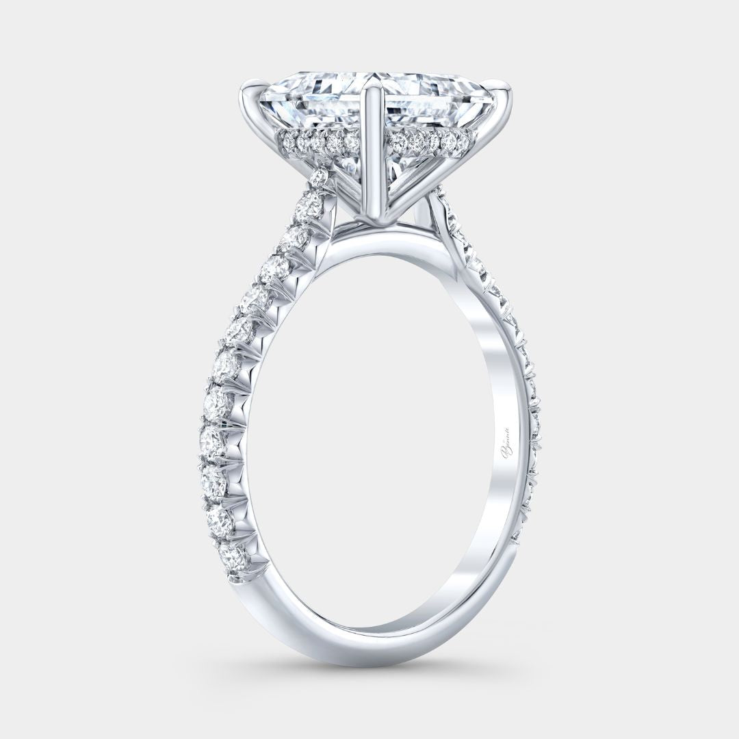 Platinum cathedral ring with princess diamond, hidden halo, and French pavé band

