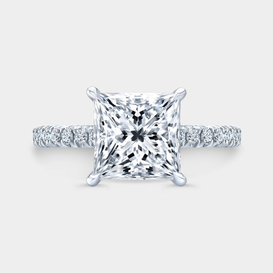 Princess-cut diamond engagement ring with hidden halo and tapered cathedral in platinum