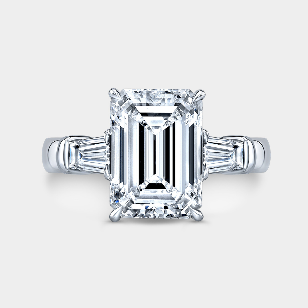 3.74ct Lab Grown Emerald Diamond 3 Stone Ring with Tapered Baguettes Platinum Engagement Ring