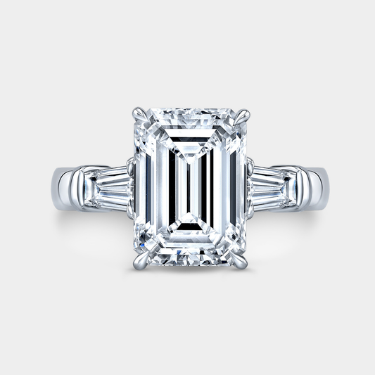 3.74ct Lab Grown Emerald Diamond 3 Stone Ring with Tapered Baguettes Platinum Engagement Ring