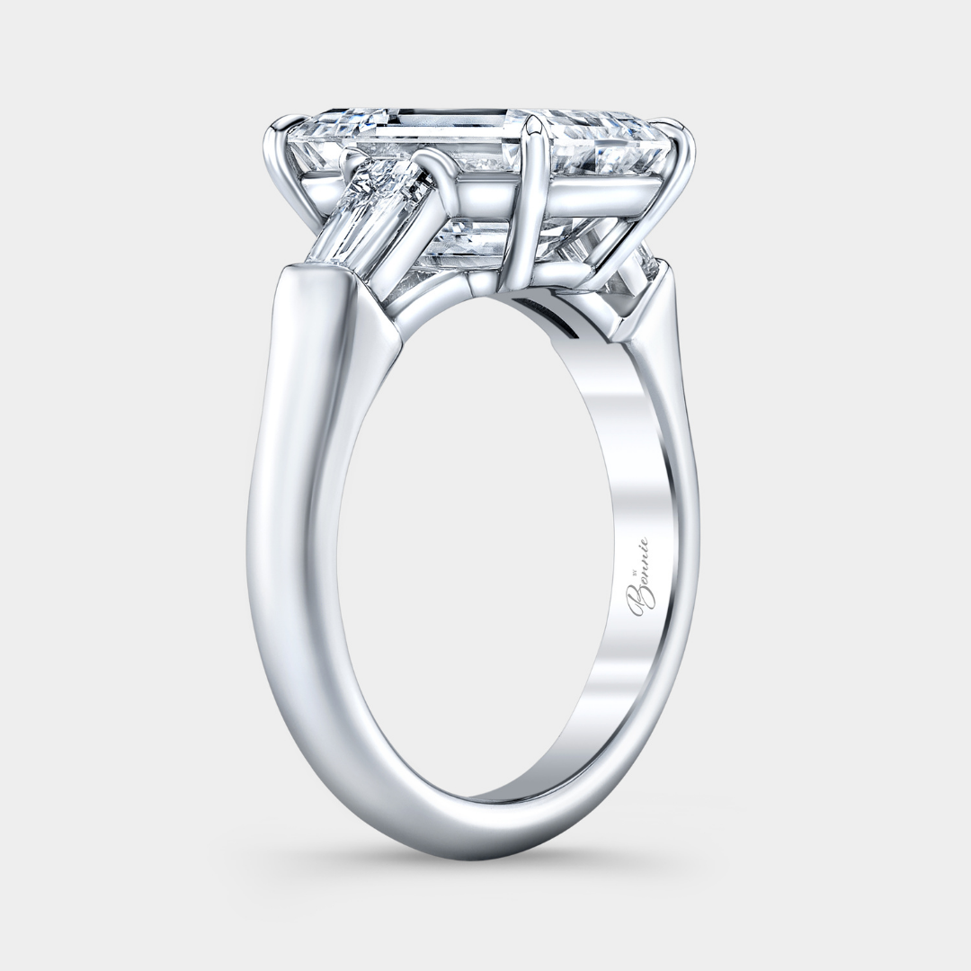 3.74ct Lab Grown Emerald Diamond 3 Stone Ring with Tapered Baguettes Platinum Engagement Ring