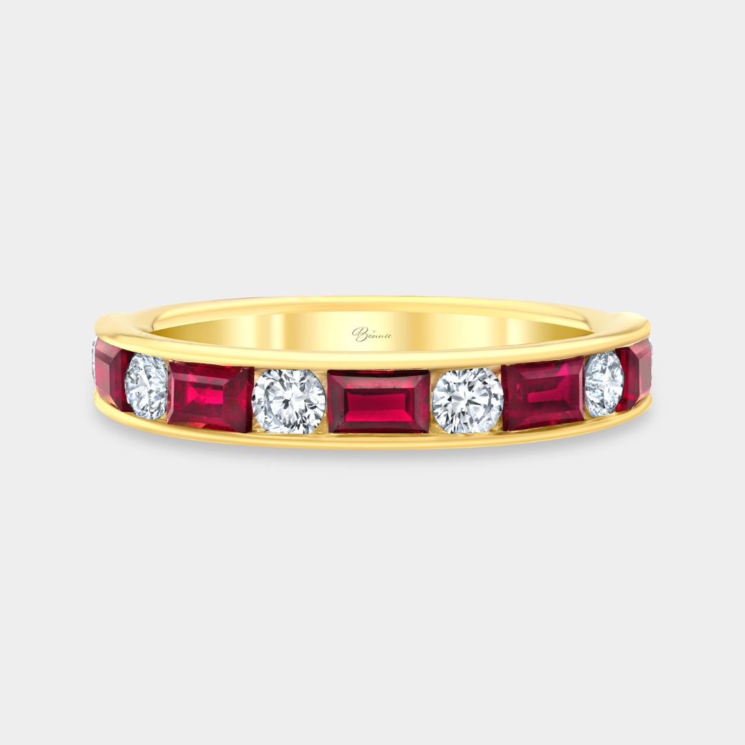 18K yellow gold round diamond and baguette ruby channel set band