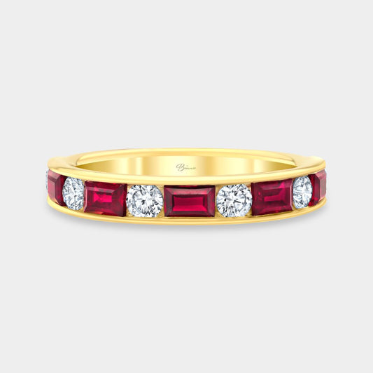 18K yellow gold round diamond and baguette ruby channel set band