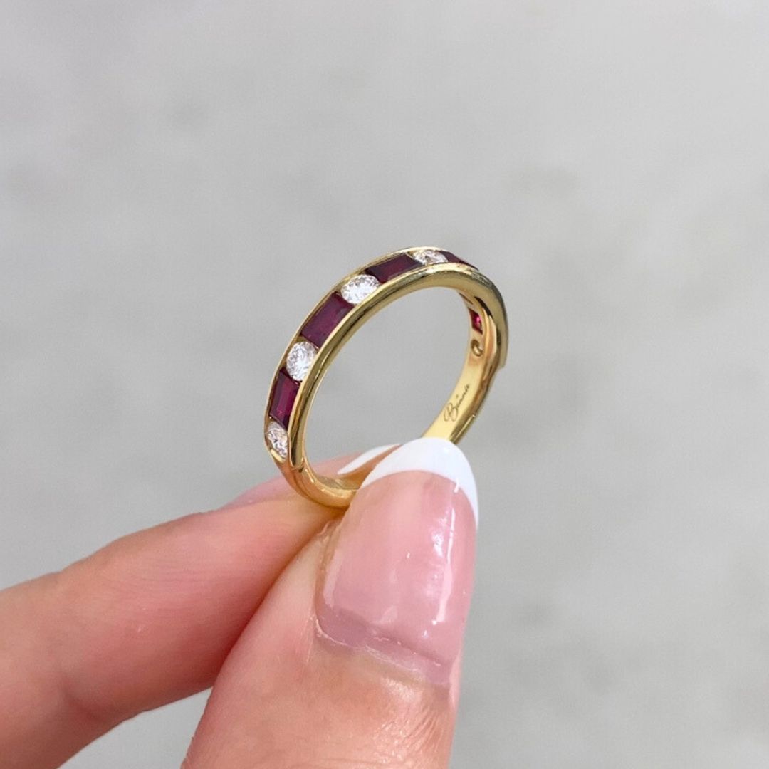 By Bonnie 18K yellow gold channel set band with ruby baguettes and round diamonds