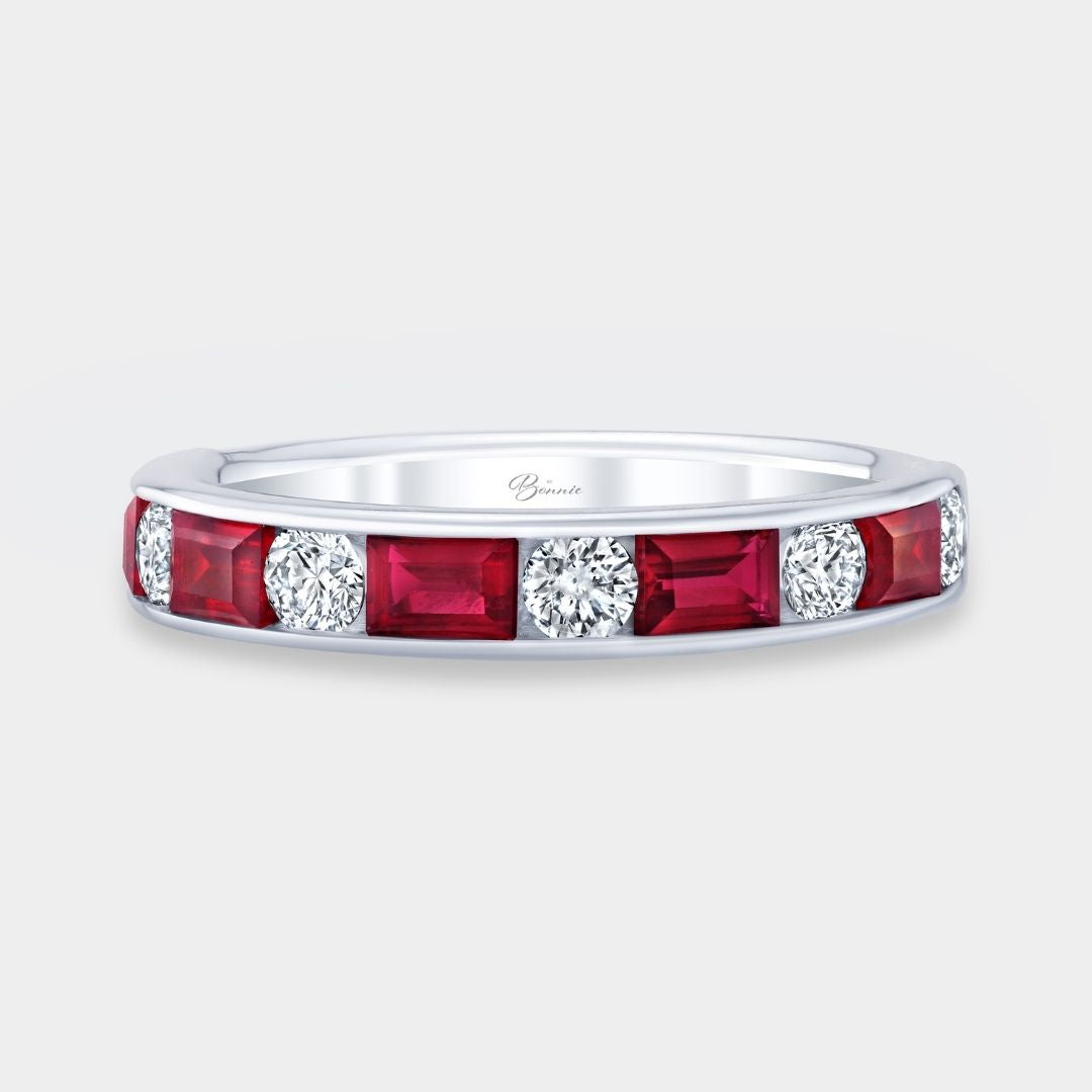 1.25ct Round Diamond Alternating Baguette Ruby Channel Platinum Wedding Band