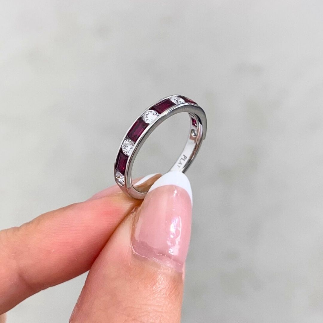 1.25ct Round Diamond Alternating Baguette Ruby Channel Platinum Wedding Band