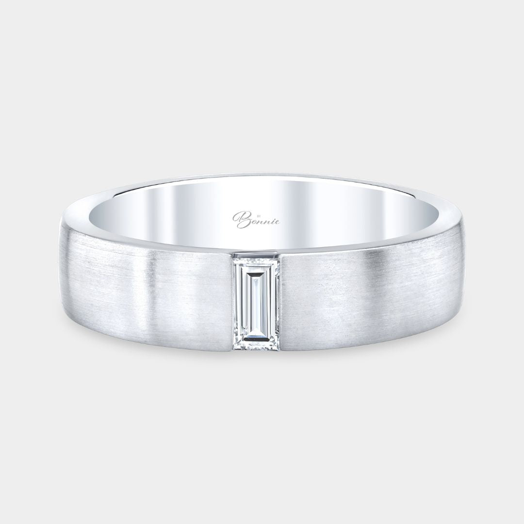 Men's Satin Finish Single Baguette Diamond Platinum Wedding Band