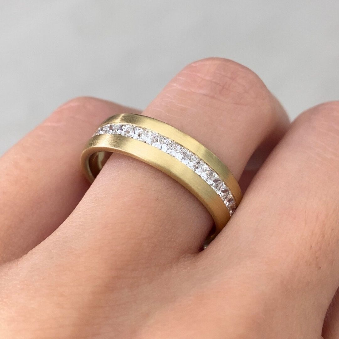 1ct Lab Grown Princess Diamond 6mm Satin Finish Yellow Gold  Wedding Band