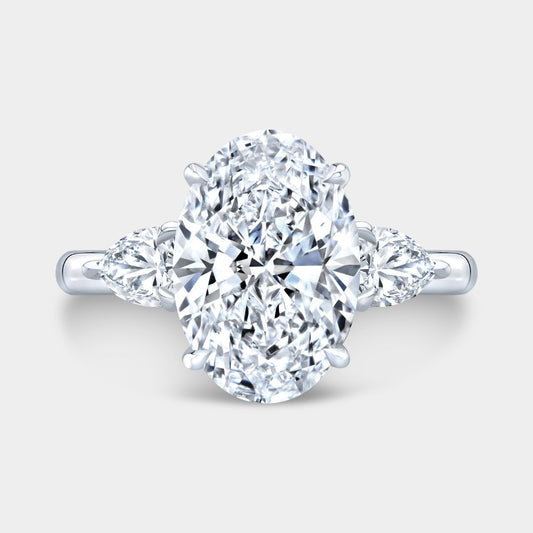 3.51ct Lab Grown Oval 3 Stone with Pear Shape Side Diamond Platinum Engagement Ring