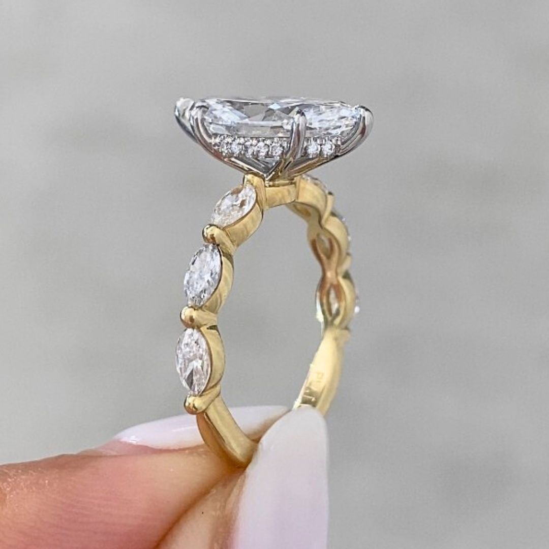 2.52ct Lab Grown Marquise Diamond Five Stone Hidden Halo Yellow Gold And Platinum Engagement Ring