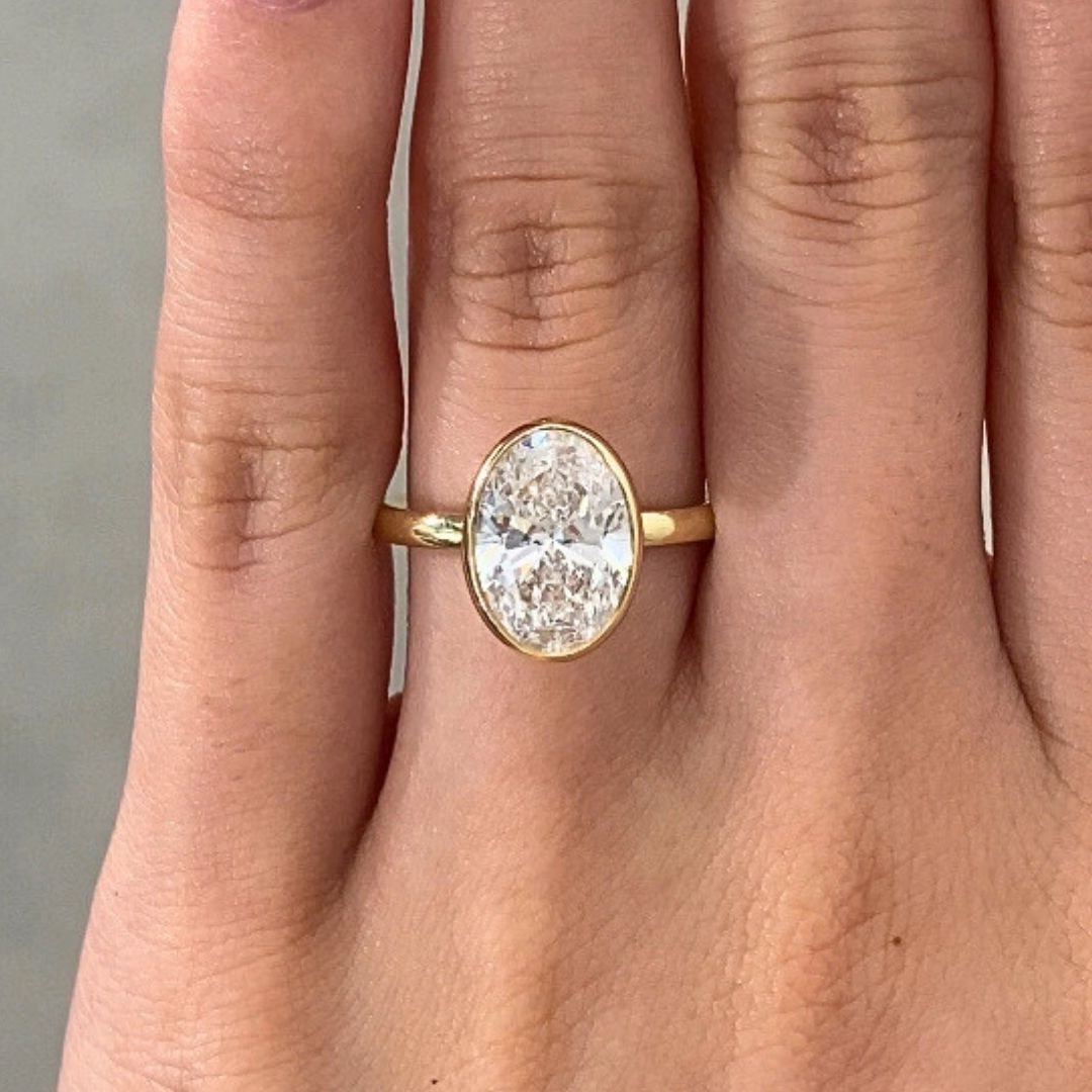3.11ct Lab Grown Oval Diamond Bezel Set Tulip Solitaire Yellow and Platinum Gold Engagement Ring