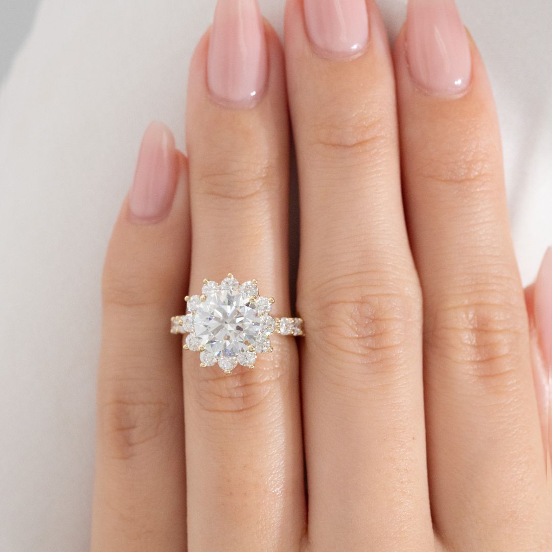 Round Diamond La Fleur Halo Shared Prong Band Yellow Gold Engagement Ring