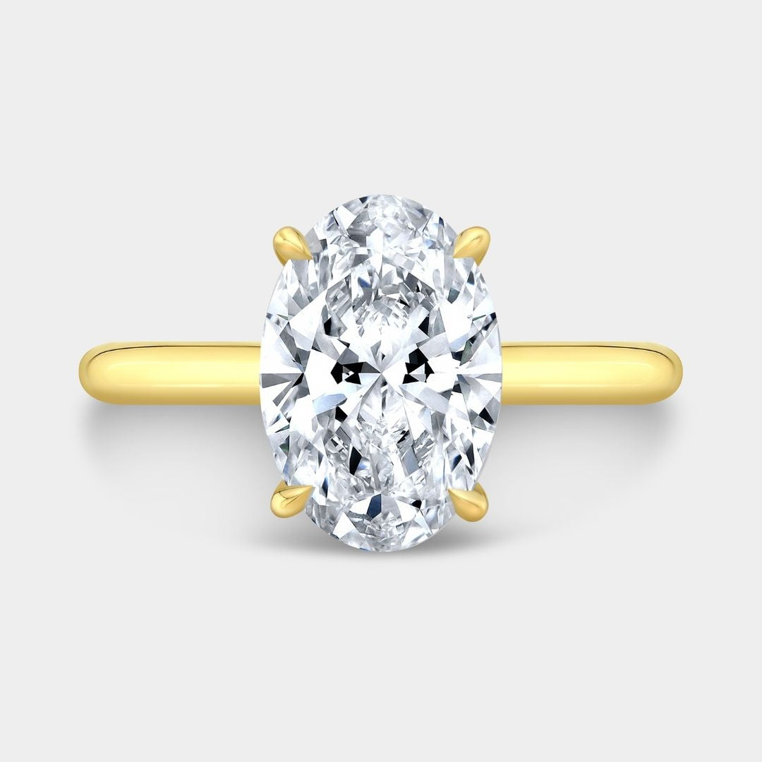 Oval Diamond Hidden Halo Tapered Cathedral Solitaire Yellow Gold Engagement Ring