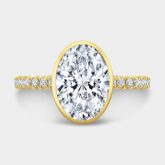 Oval Diamond Tulip Bezel Set Solitaire Yellow Gold French Pave Engagement Ring