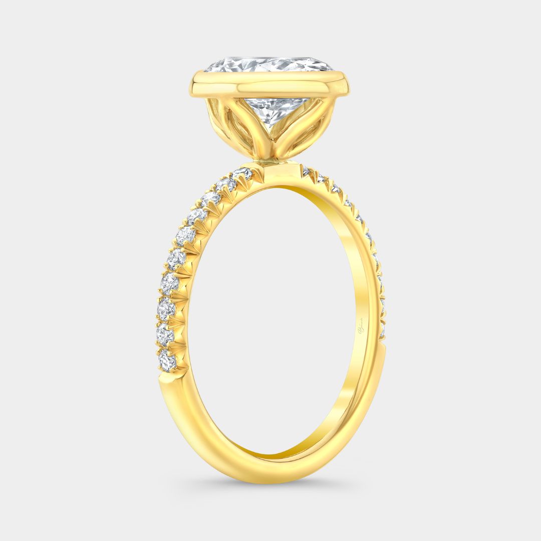 Oval Diamond Tulip Bezel Set Solitaire Yellow Gold French Pave Engagement Ring