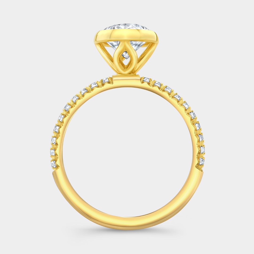 Oval Diamond Tulip Bezel Set Solitaire Yellow Gold French Pave Engagement Ring