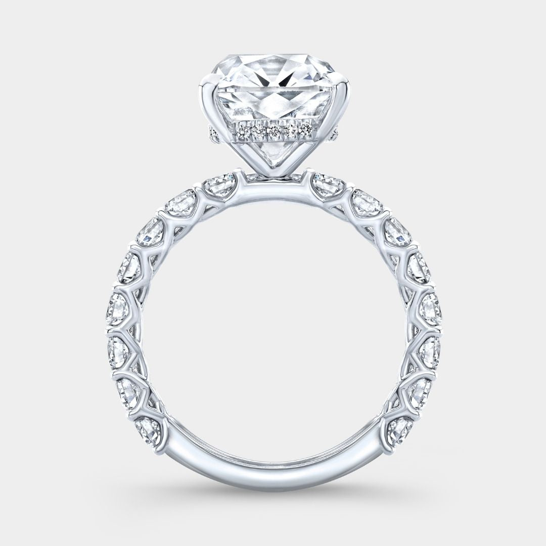 By Bonnie platinum engagement ring with old mine cushion diamond in trellis setting