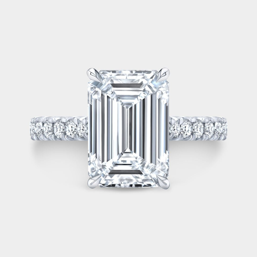 Emerald Diamond  Hidden Halo Tapered Cathedral French Pave Platinum Engagement Ring