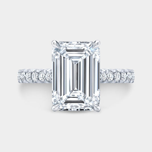 Emerald Diamond  Hidden Halo Tapered Cathedral French Pave Platinum Engagement Ring
