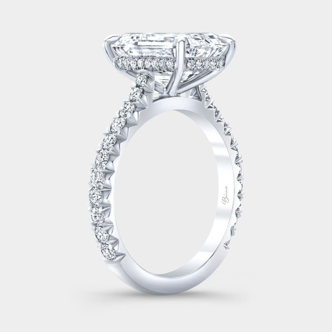 Emerald Diamond  Hidden Halo Tapered Cathedral French Pave Platinum Engagement Ring