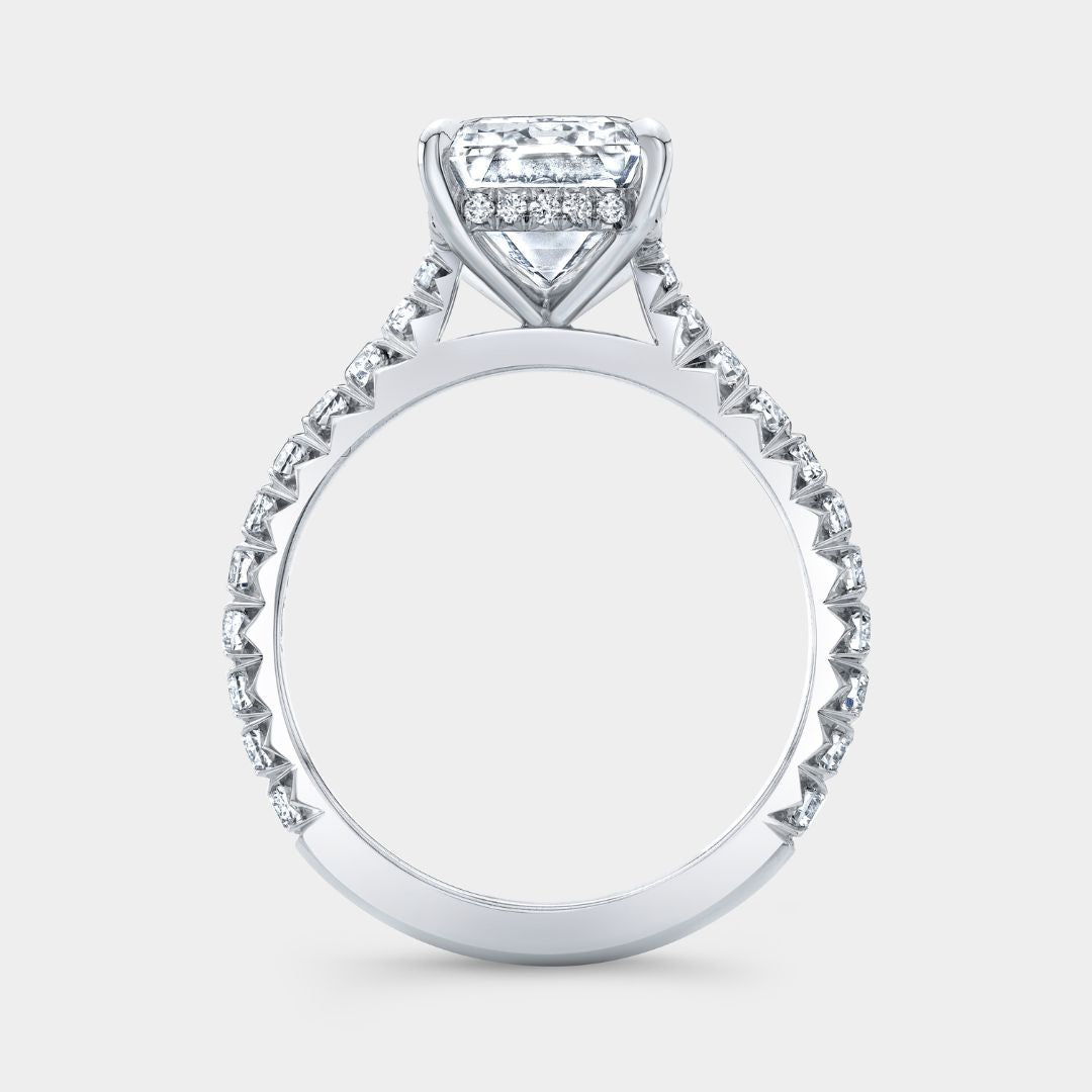 Emerald Diamond  Hidden Halo Tapered Cathedral French Pave Platinum Engagement Ring