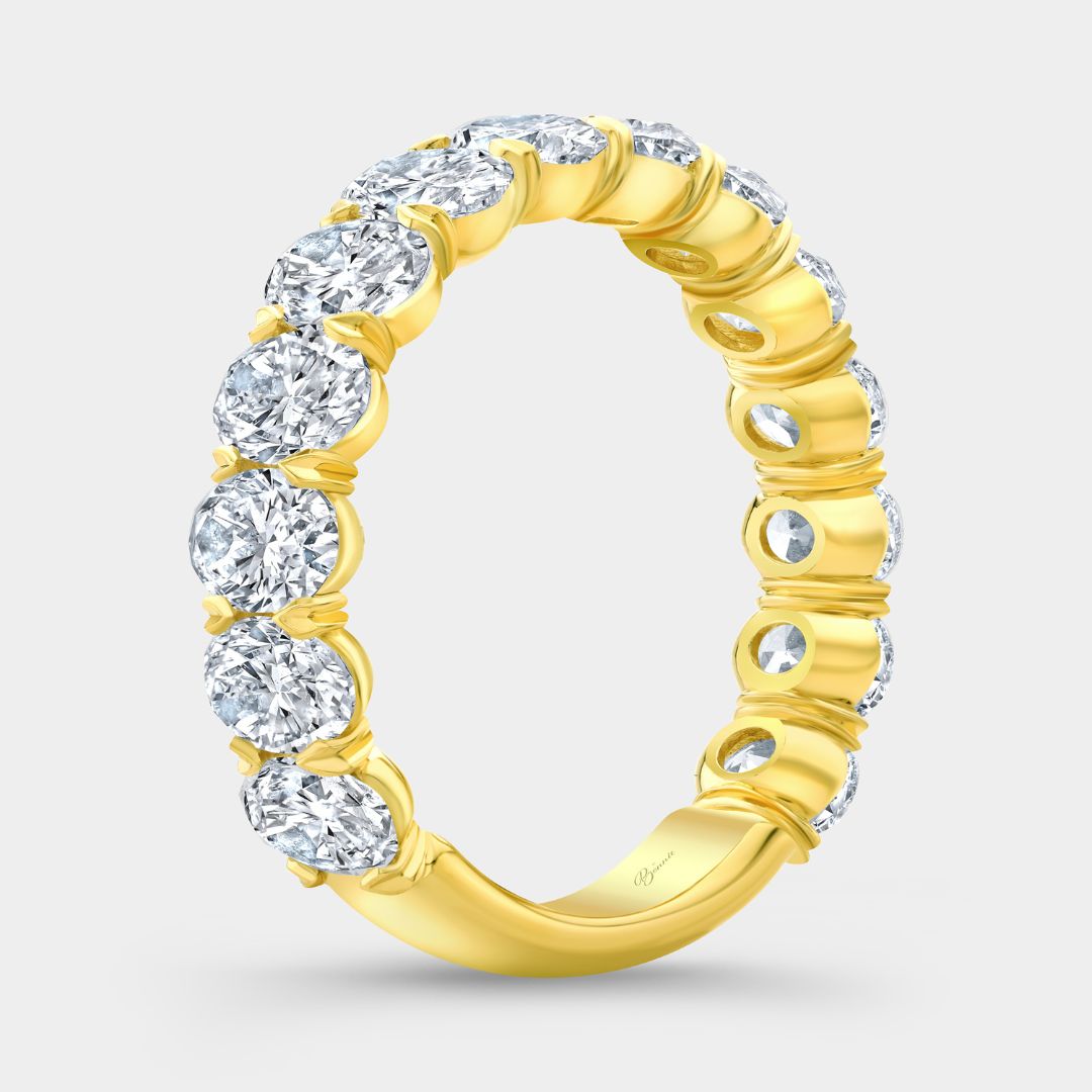 Yellow gold Victoria wedding band with 3ct oval diamonds, 5.0mm

