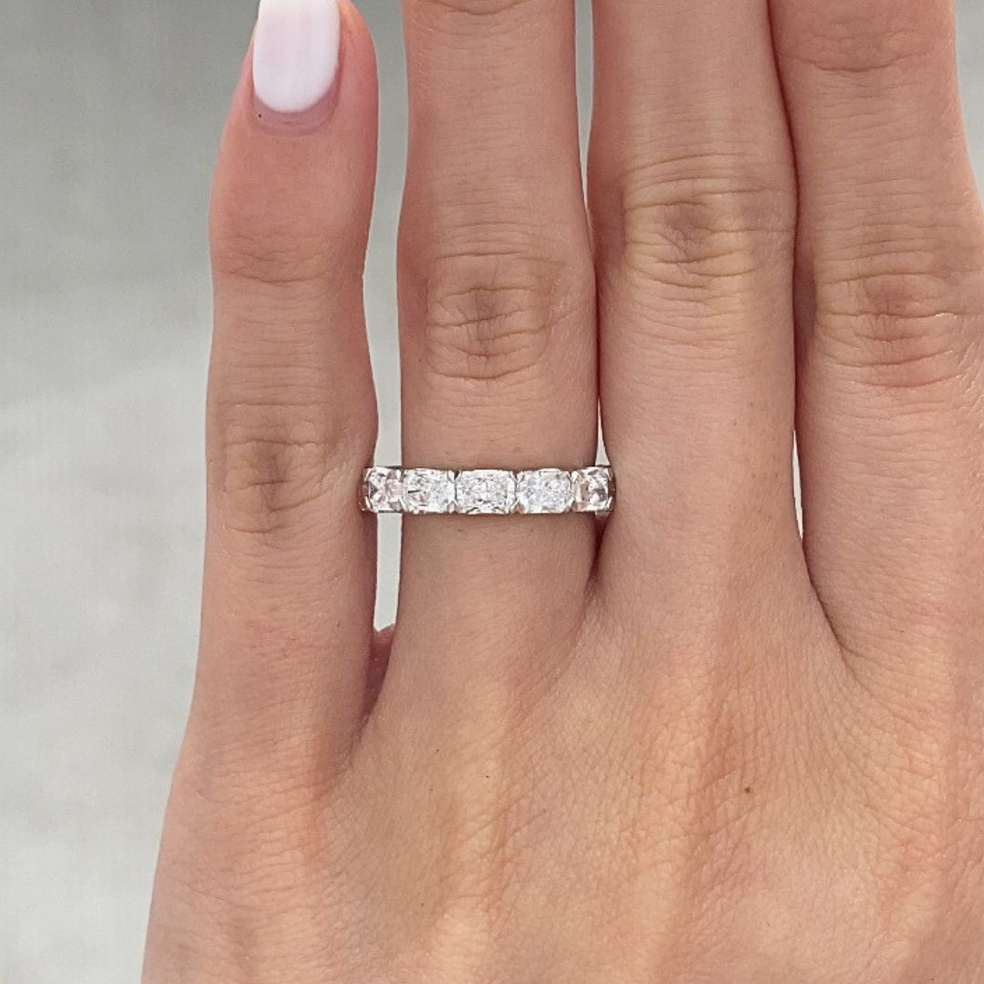By Bonnie platinum wedding band with 2.50ct radiant diamonds in East West setting


