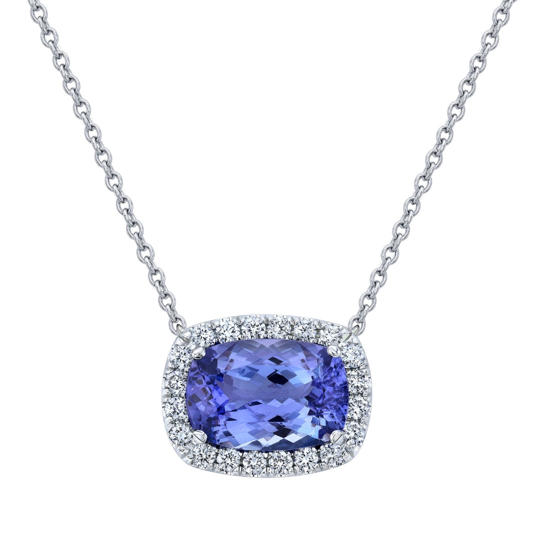 Natural Elongated Cushion Tanzanite Halo Pendant White Gold Necklace