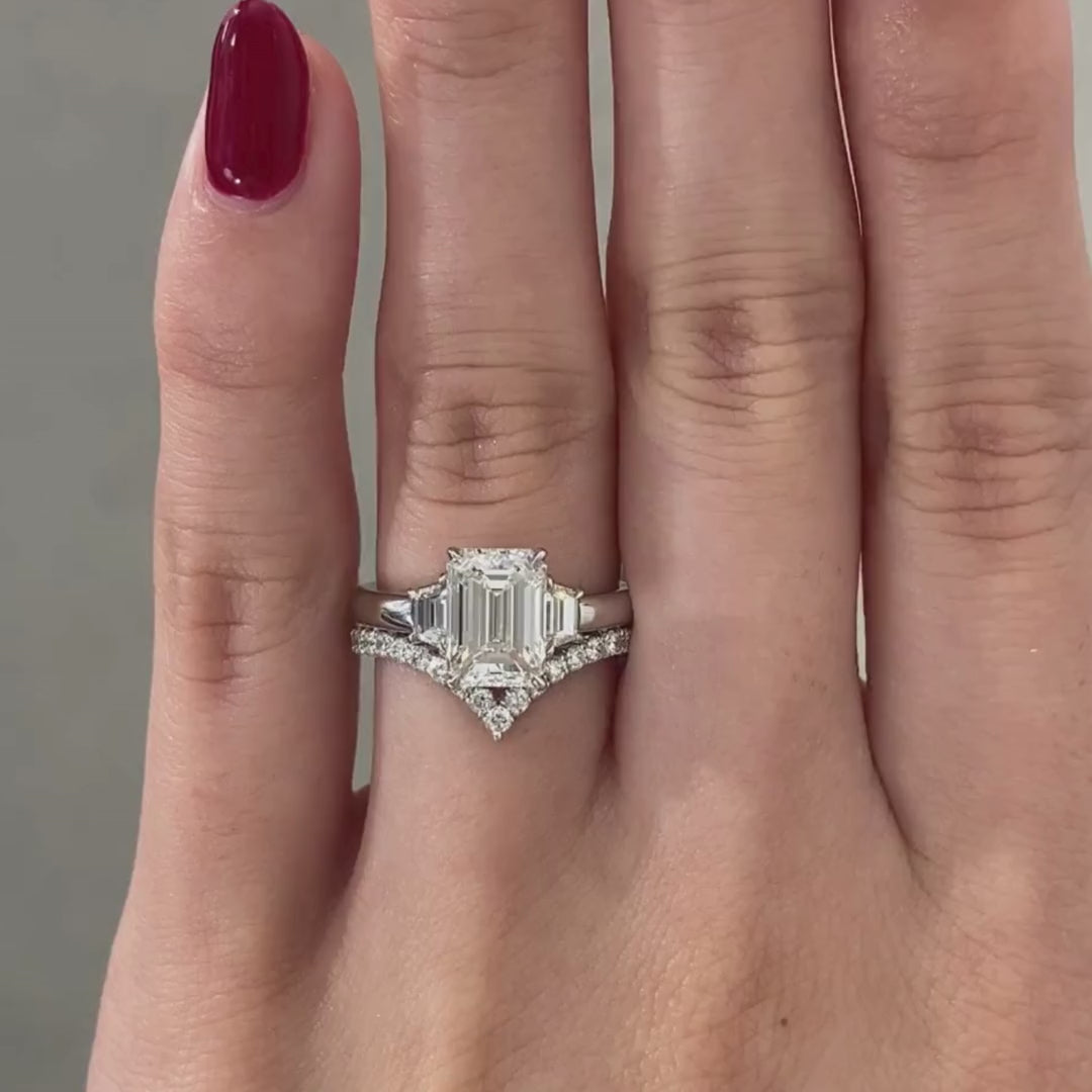 Video of 2.06ct lab grown emerald diamond 3 stone platinum engagement ring with trapezoid sides