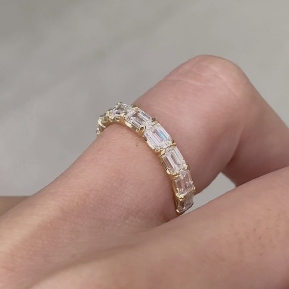 By Bonnie 14K yellow gold wedding band with emerald-cut diamonds, East West Chloe style