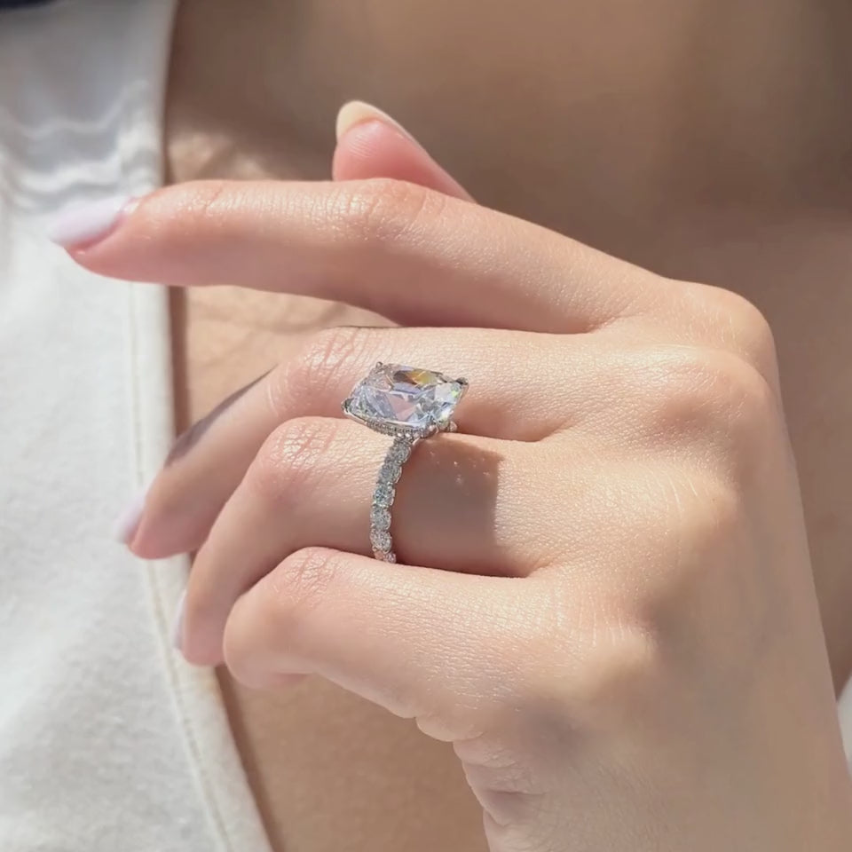 Video of The Eloise platinum ring with old mine diamond and hidden halo design