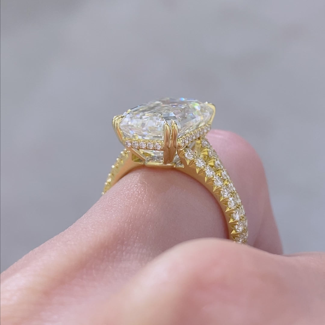 Emerald Diamond Split Shank Hidden Halo French Pave Yellow