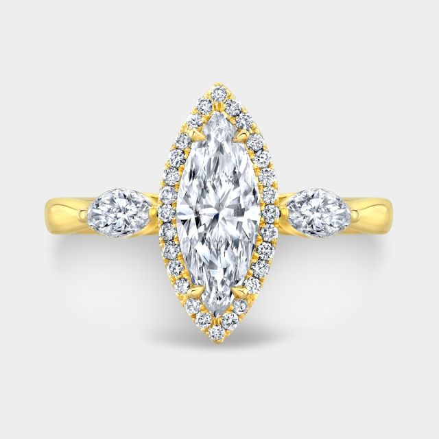 By Bonnie Jewelry | 1ct Marquise Halo Diamond Three Stone Engagement Ring